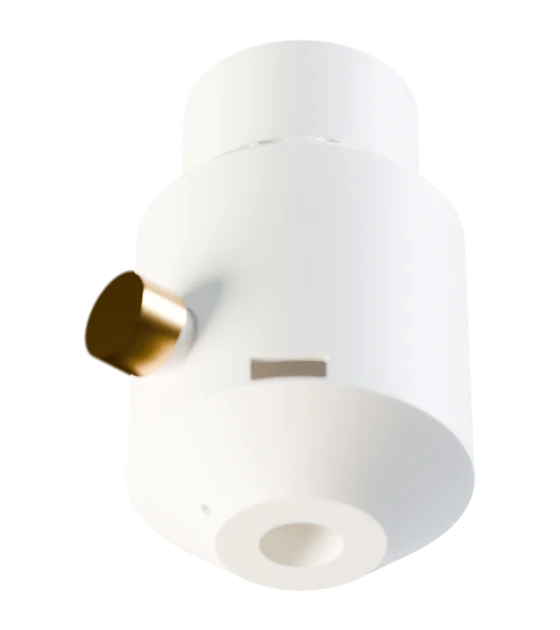 Underside of the wick socket showing the threaded lamp-pipe bush and the cord grip